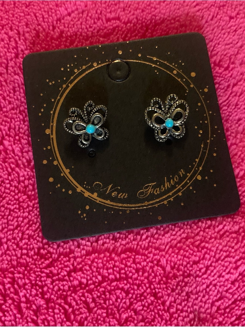Black Filigree Flower Stud Earrings with Turquoise Center